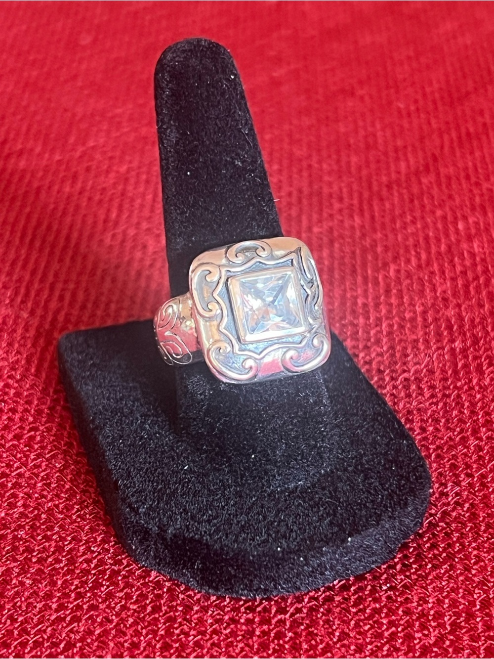 Silpada Silver Ring with Clear Square Stone and Filigree